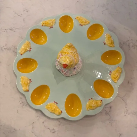 Charming Yellow Green Chick Deviled Egg Platter Easter Whimsical Ceramic 3D - Picture 3 of 5